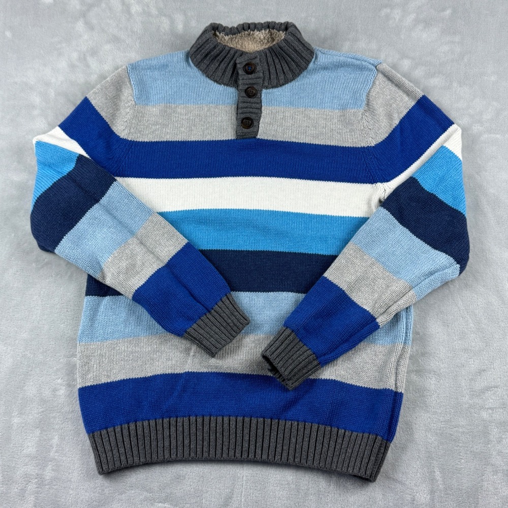 Lands End Boys Blue White Knit‎ Sweater Sherpa Lined Collar Button Neck XL 18-20